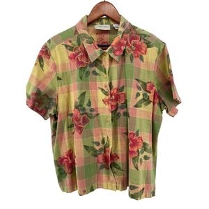 Country Cottage Button Up Top Womens XL Plaid Floral Embroidered 100% Cotton Art